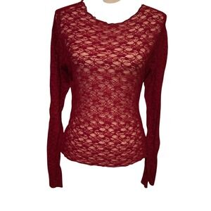 Womens Sheer Lace Long Sleeve Top Burgundy Fairycore whimsygoth y2k feminine